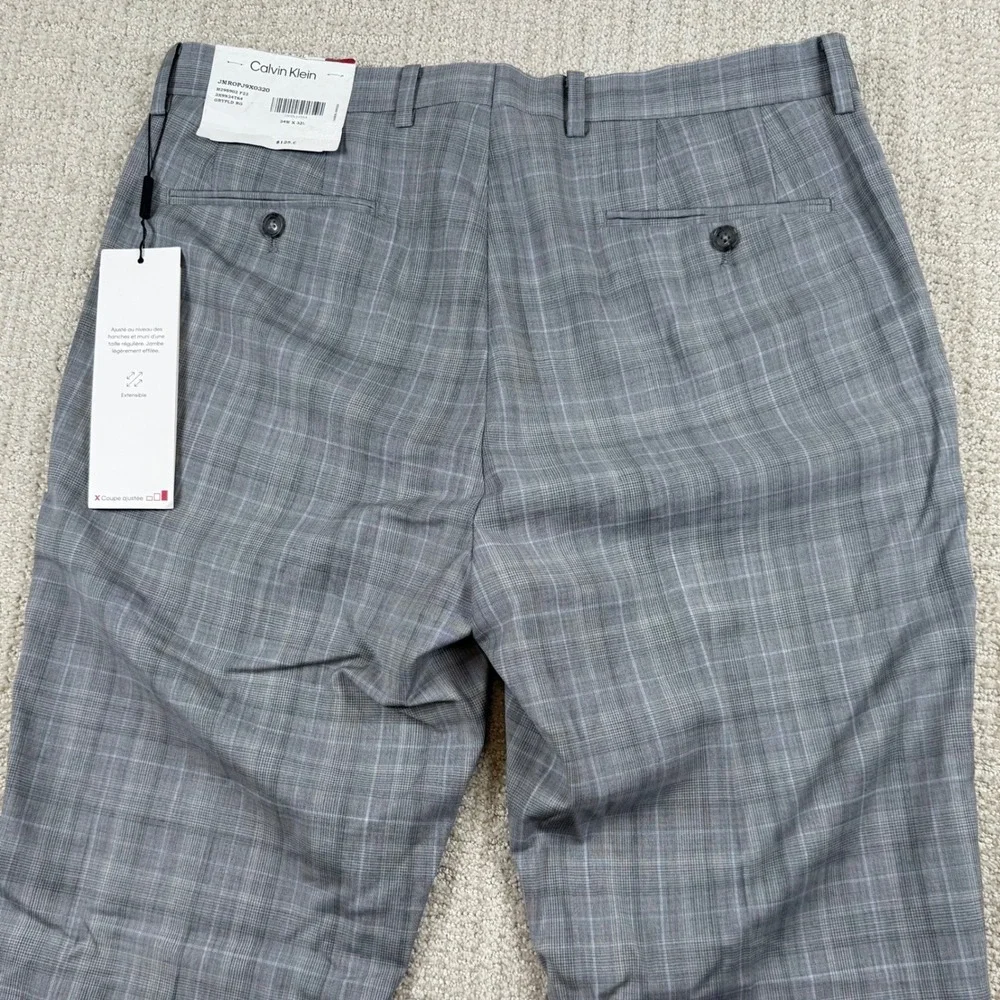 NEW Calvin Klein Mens 34x32 Grey Plaid X Slim Fit Wool Blend Dress Pants